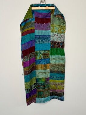 Multicolor Patchwork Silk Scarf Wrap 19.5”x74” Bohemian